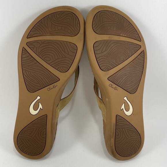 Olukai Aukai Leather Flip Flops Womens Size 10 Brown Tan Sandals Hawaiian Beach - Picture 8 of 9